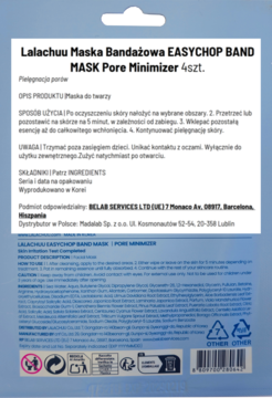 Tył opakowania maseczek Lalachuu Pore Minimizer (4 szt.) z polskimi i angielskimi informacjami, na niebieskim tle.