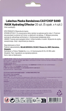 Tył fioletowego opakowania Lalachuu Maska Bandażowa EASYCHOP BAND MASK Hydrating Effector 20 szt. z listą składników.