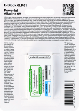 Tył opakowania baterii E-Block 6LR61 Alkaline 9V z informacjami o recyklingu i kodem kreskowym.