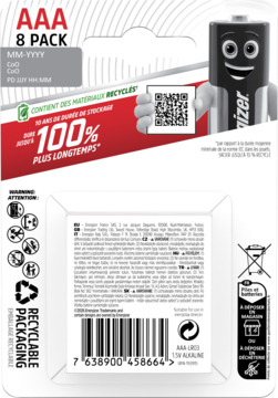 Tył opakowania baterii Energizer Max AAA 8-pak. Biało-czerwone, z kodem kreskowym i hasłem "100% dłużej".