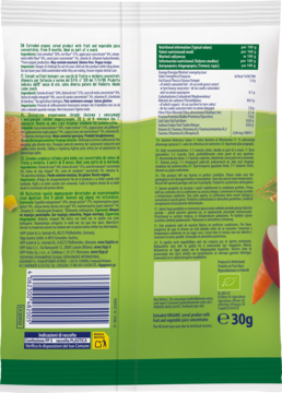 Tył zielono-białego opakowania HiPP BIO Chrupiące pałeczki jabłkowo-marchewkowe, widoczne etykiety i barcode.