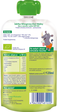 Tył zielonej saszetki HiPP BIO Jabłka-Winogrona-Kiwi-Maliny z danymi o składnikach i wartościach odżywczych, 120 ml.