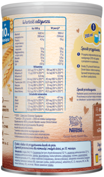 Tył puszki Nestlé Junior Kakao: tabela wartości odżywczych, instrukcje przygotowania i logo na beżowym tle.