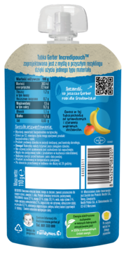 Tył opakowania Gerber Incredipouch Yogo Banan mango i zboża. Widoczne wartości odżywcze, kod QR i ilustracje owoców.