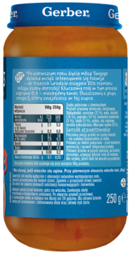 Tył słoika Gerber Zupa Gulaszowa dla dzieci, 250g, z niebieską etykietą i tekstem o ALA omega3.