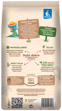 Tył beżowego opakowania kleiku ryżowego Nestlé dla dzieci po 6 miesiącu. Widoczne info: bezglutenowy, żelazo, 400g.