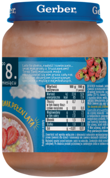 Tył słoiczka Gerber, deserek makaron truskawkowy po 8 miesiącu, z etykietą Smak Pełen Lata i tabelą odżywczą.