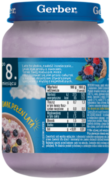 Gerber, Makaron z owocami leśnymi, bananami i twarożkiem. Deserek dla niemowląt po 8 miesiącu, widok z tyłu słoiczka.