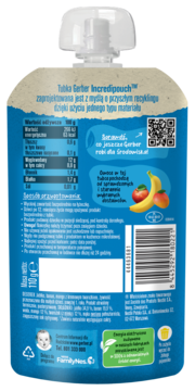 Tył niebieskiej saszetki Gerber Incredipouch: smoothie jabłko, banan, mango z twarożkiem, etykieta, kod QR.