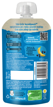 Tył niebieskiej tubki Gerber Incredipouch 110g, smoothie banan, jagoda, zboża. Etykieta z tabelą odżywczą.