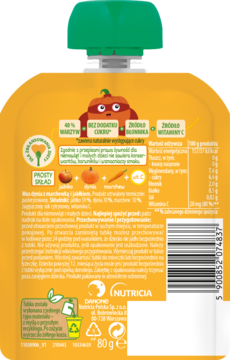 Tył opakowania pomarańczowej tubki z przecierem dla niemowląt: 40% warzyw, bez cukru, źródło błonnika.