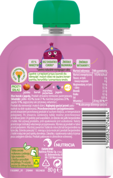 Tył fioletowej tubki musu owocowo-warzywnego dla dzieci Nutricia, zielona nakrętka, etykieta ze składem.