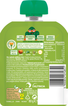 Tył zielonej tubki dla niemowląt Nutricia, z informacjami o składzie, kodem kreskowym i ikonami recyklingu.