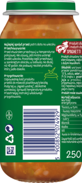 Tył słoiczka BoboVita Spaghetti dla niemowląt z zieloną etykietą, widoczny kod kreskowy, skład i instrukcje użycia.