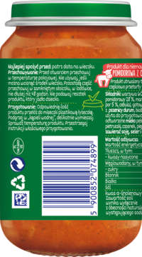 Tył słoiczka z pomidorową zupką dla niemowląt, zielona etykieta z instrukcjami, wartościami odżywczymi i kodem kreskowym.