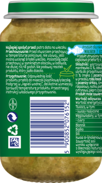 Tył zielonego słoiczka BoboVita z jedzeniem dla niemowląt (makaron i łosoś), z instrukcją i kodem kreskowym.