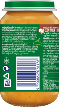 Tylna zielona etykieta słoiczka BoboVita Kasza Bulgur z Indykiem, widoczne składniki, barcode i instrukcje.
