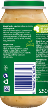 Tył słoiczka BoboVita Zupa kalafiorowa z żółtkiem dla niemowląt. Zielona etykieta z tekstem i kodem kreskowym.