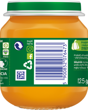 Tył szklanego słoiczka BoboVita z dyniowym musem dla dzieci, zielona etykieta z kodem kreskowym. Widoczne 125g.