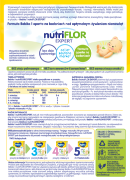 Złożona ulotka Bebiko 1 nutriFLOR EXPERT mleko początkowe dla niemowląt, bez oleju palmowego, z grafiką dziecka.