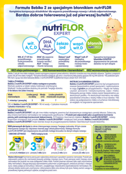 Front ulotki Bebiko 2 nutriFLOR EXPERT, mleko następne z błonnikiem, nagłówki składników, białe tło.