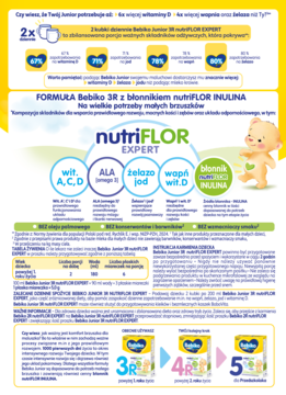 Reklama Bebiko 3R formuły z błonnikiem nutriFLOR INULINA, podkreślająca składniki wspierające rozwój dziecka.