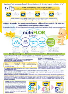 Reklama Bebiko 3 FORMUŁA waniliowa z błonnikiem nutriFLOR INULINA, białe tło z grafikami witamin, niemowlaka.