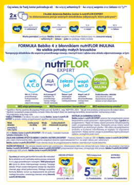 Reklama Bebiko 4 z nutriFLOR EXPERT, mleko modyfikowane z błonnikiem dla małych brzuszków, grafika misia.