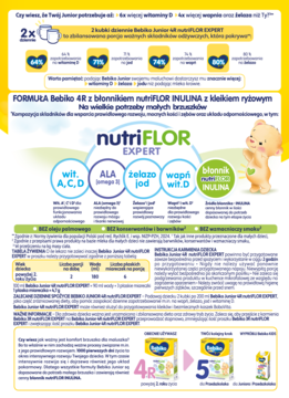 Infografika Bebiko 4R nutriFLOR EXPERT dla dzieci. Opis składników, wsparcie odporności i kości, bez oleju palmowego.