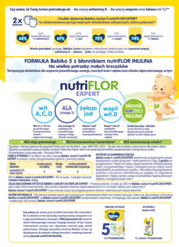 Strona reklamowa Bebiko Junior 5 z nutriFLOR INULINA, mleko dla dzieci z witaminami i błonnikiem na odporność.