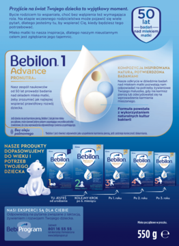 Bebilon 1 Advance PRONUTRA, mleko początkowe 550g, z infografiką inspiracji naturą i serią opakowań.
