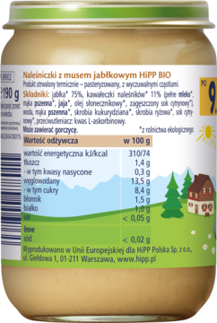 Tył słoiczka HiPP BIO Naleśniczki z musem jabłkowym. Zielona etykieta z listą składników i wartościami odżywczymi.