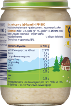 Tył słoiczka HiPP BIO Ryż mleczny z jabłkami dla niemowląt po 9. miesiącu, widoczne składniki i wartości odżywcze.