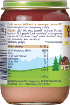 Tył słoiczka HiPP BIO Kaszka manna z jabłkami i owocami, z etykietą pokazującą skład i wartości odżywcze.