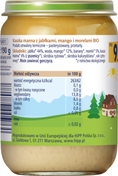 Tył słoiczka kaszki manny HiPP BIO z jabłkami, mango, morelami. Zielona etykieta, skład i wartości odżywcze.
