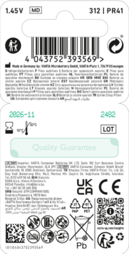 Tył białego opakowania baterii słuchowych VARTA 312/PR41 z kodem kreskowym i danymi technicznymi.
