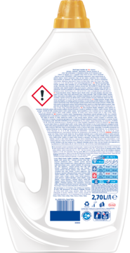 Tył butelki żelu Persil Deep Clean Expert Sensitive, biała z złotym korkiem, widoczne ostrzeżenia i skład.