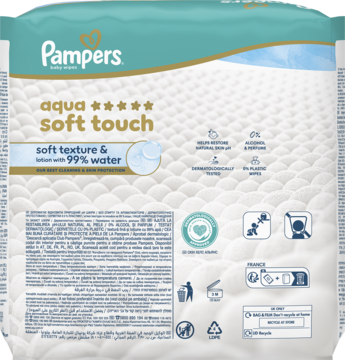 Tył opakowania chusteczek Pampers Aqua Soft Touch, białe, z pikowaną teksturą, informacjami o składzie i ikonami.