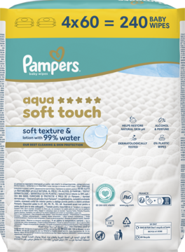 Pampers Aqua Soft Touch chusteczki nawilżane dla niemowląt, 240 szt., 99% wody, białe opakowanie, widok z przodu.