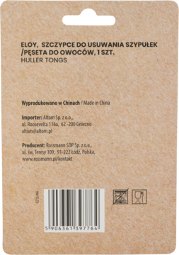 Tył brązowego opakowania na szczypce ELOY do usuwania szypułek owocowych, z widocznym kodem kreskowym i tekstem.