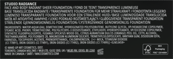Tył opakowania podkładu MAC Studio Radiance, ultralekki i wodoodporny, ze szczegółową listą składników.