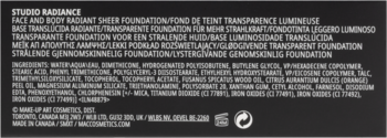 MAC Studio Radiance, tył opakowania podkładu do twarzy. Widoczna lista składników, biały tekst na czarnym tle.