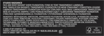 Tył opakowania MAC Studio Radiance Ultralekki, wodoodporny podkład, z listą składników.