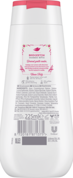 Tył białej butelki żelu pod prysznic Dove Bridgerton Floral Party z różową etykietą, listą składników i kodem kreskowym.