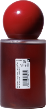 Butelka wiśniowej mgiełki do ciała i włosów o czerwono-brązowym płynie, z czerwoną kulistą nakrętką, widok z przodu.