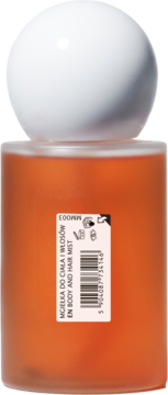 Pomarańczowa mgiełka do ciała i włosów w matowej butelce z białą kulistą nakrętką, widok z przodu.