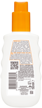 Tył białego sprayu Garnier Ambre Solaire Hydra 24H Protect SPF 50, z pomarańczową nakrętką i instrukcjami.