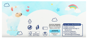 Tył opakowania pieluch dla dzieci z lamą, tęczą i chmurkami. Cechy: bez perfum, oddychające, dermatologicznie testowane.