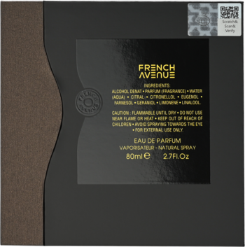 Ciemne opakowanie perfum French Avenue Eau de Parfum 80ml z falistym zdobieniem, zbliżenie na etykietę ze składnikami.