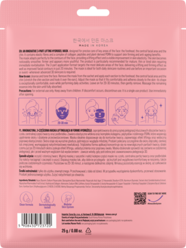 Tył różowej saszetki 3-częściowej maski liftingującej hydrożelowej z kolagenem, instrukcją i składem.